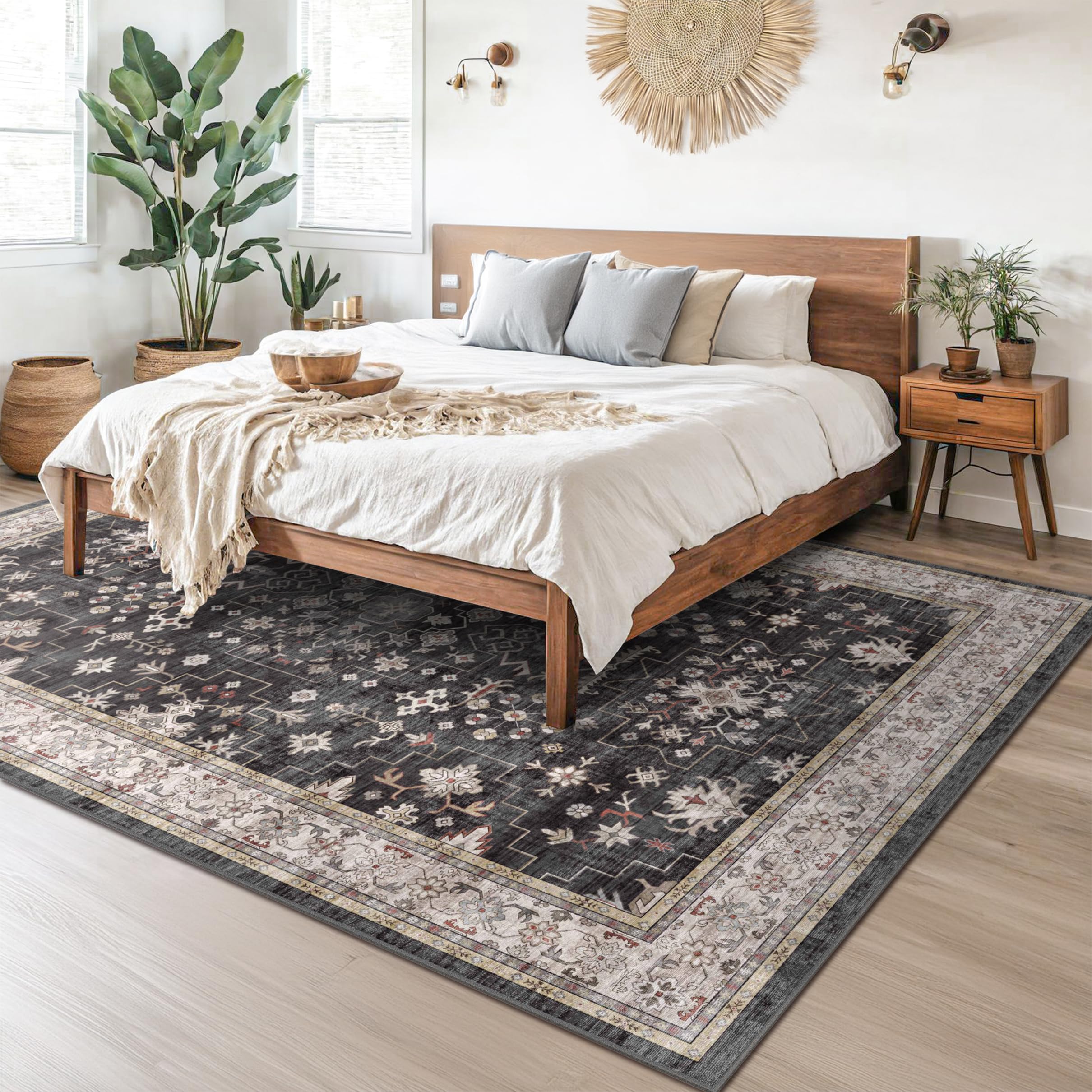 Black Farmhouse Washable 8x10 Area Rugs for Living Room, Bedroom, Dining Room