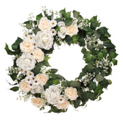 30" Artificial Rose,Camellia,babysbreath Floral Spring Wreath with Green Leaves