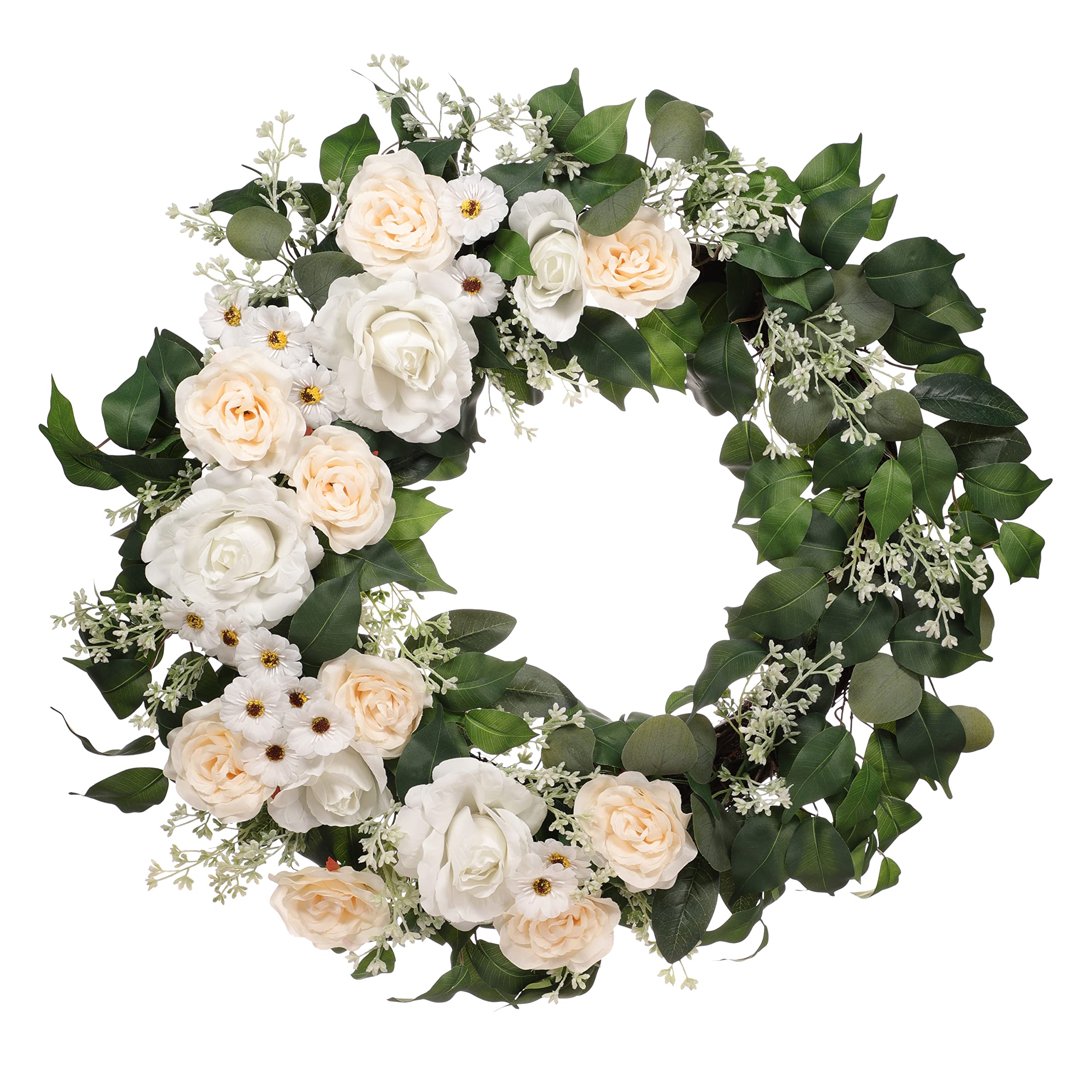30" Artificial Rose,Camellia,babysbreath Floral Spring Wreath with Green Leaves