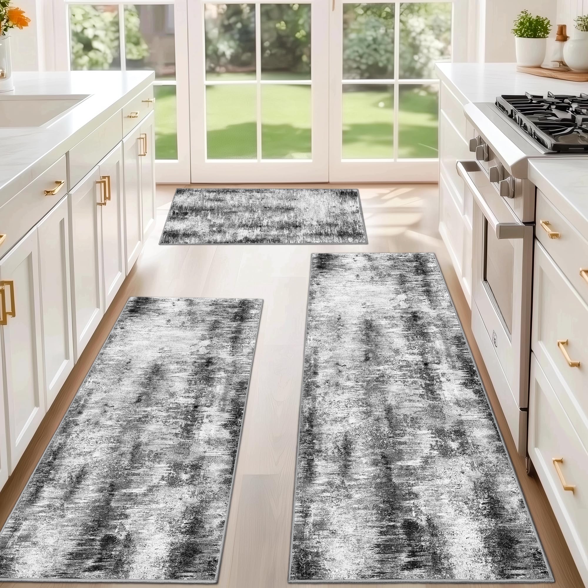 100% Non Slip Kitchen Rugs Sets of 3 Washable Kitchen Mats for Floor Abstract Kitchen