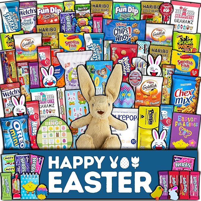 Easter Care Package (50ct) - Candy Snacks Treats Plush Bunny Chocolate Cookies
