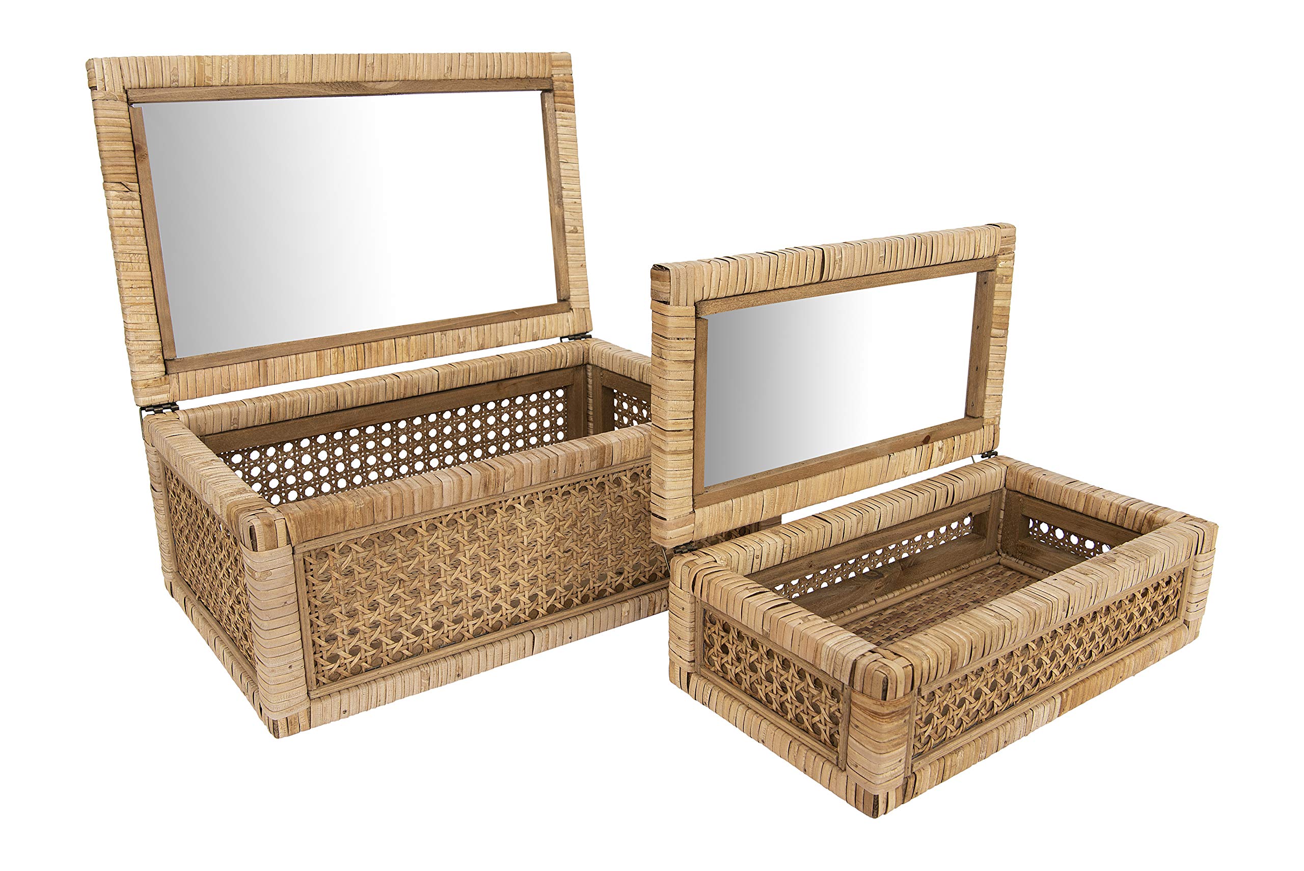Modern Decorative Rectangle Woven Rattan and Wood Display Boxes