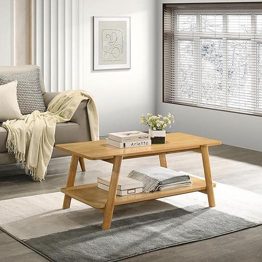 Metz Mid-Century Modern Wood Shelf Coffee Table, Off-White Finish