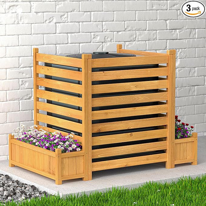 Air Conditioner Fence 3 Panels Outdoor Wood Privacy Screen with Planter Box to Hide