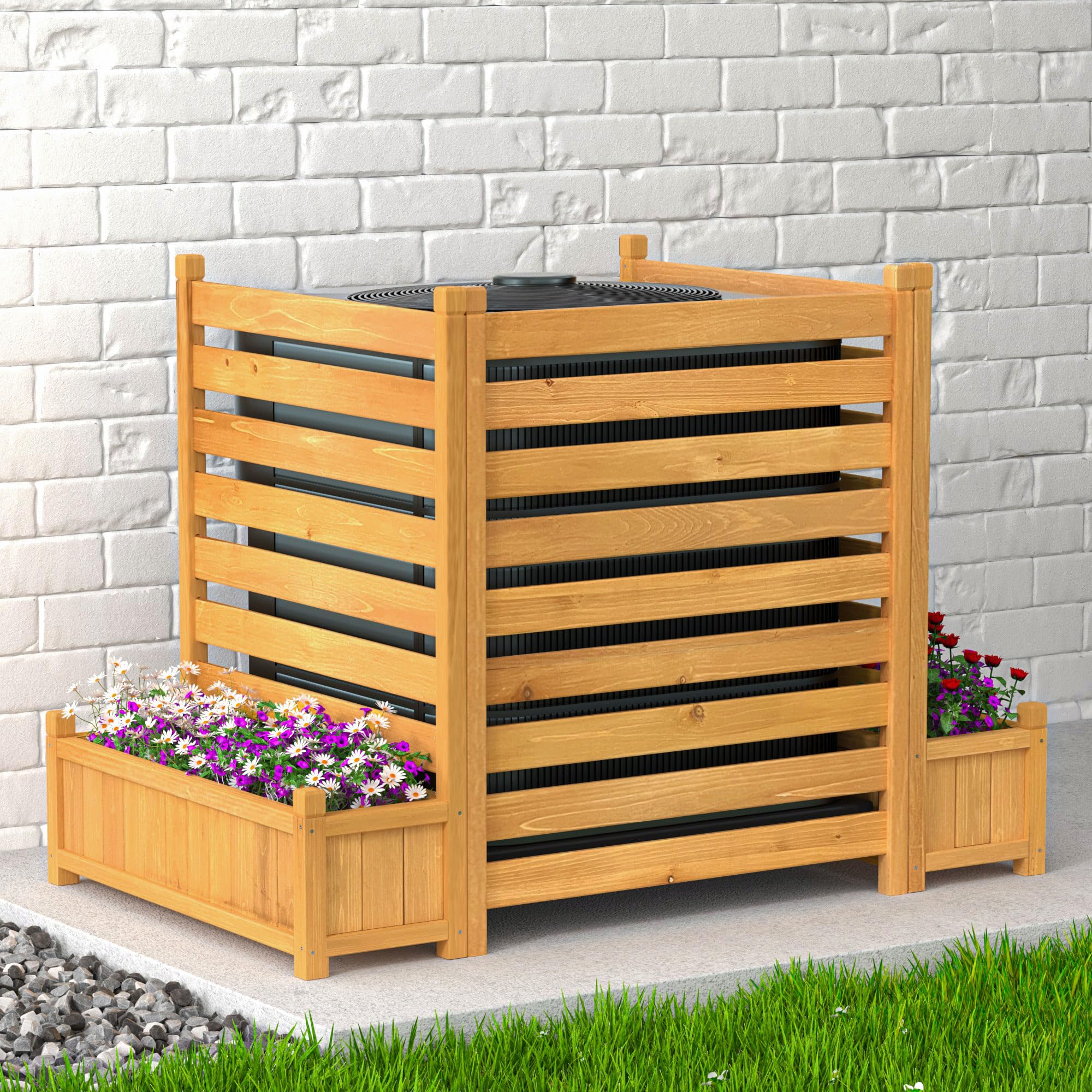 Air Conditioner Fence 3 Panels Outdoor Wood Privacy Screen with Planter Box to Hide