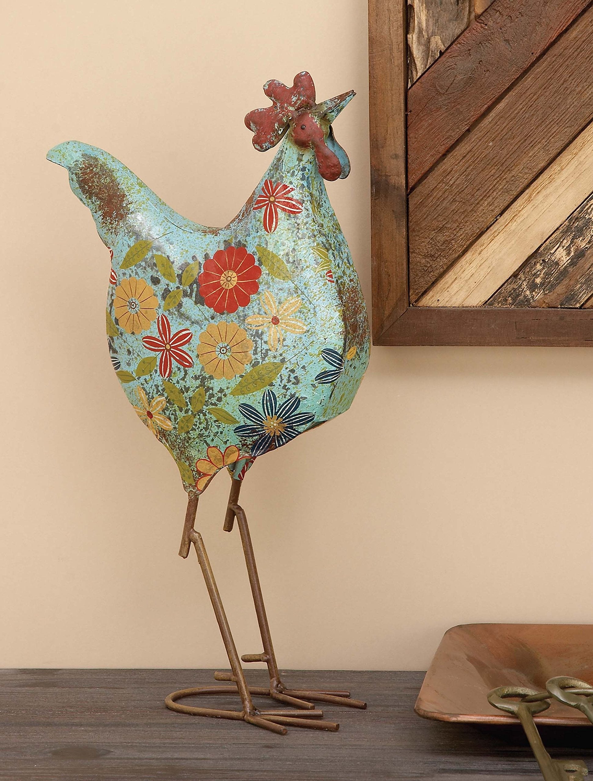 Eclectic Metal Garden Chicken Sculpture, 10" L x 5" W x 17" H