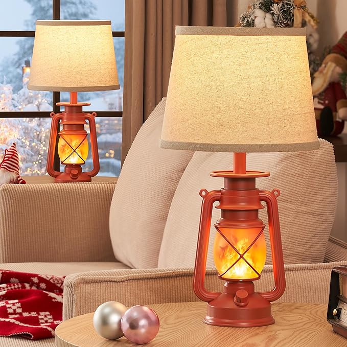 LED Lantern Flickering Flame Table Lamps for Bedrooms Set of 2, Small Farmhouse