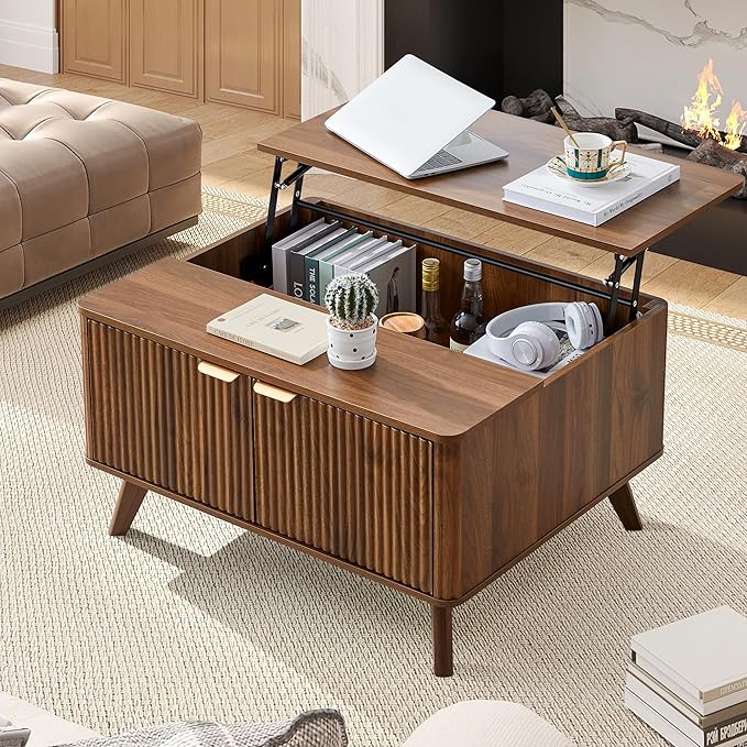 Wooden Fluted Lift Top Coffee Table with Hidden Compartment, Modern Rectangle Center