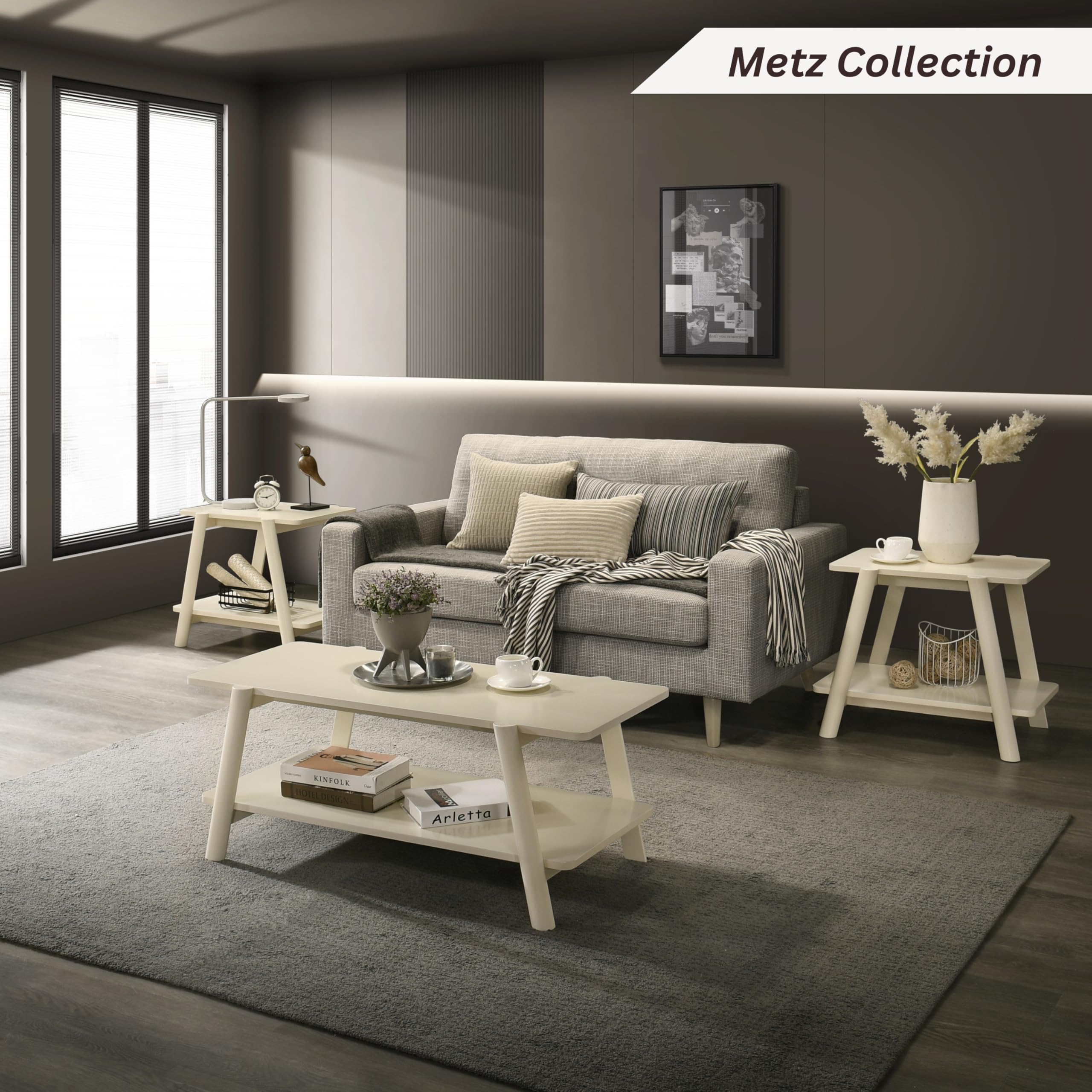 Metz Mid-Century Modern Wood Shelf Coffee Table, Off-White Finish
