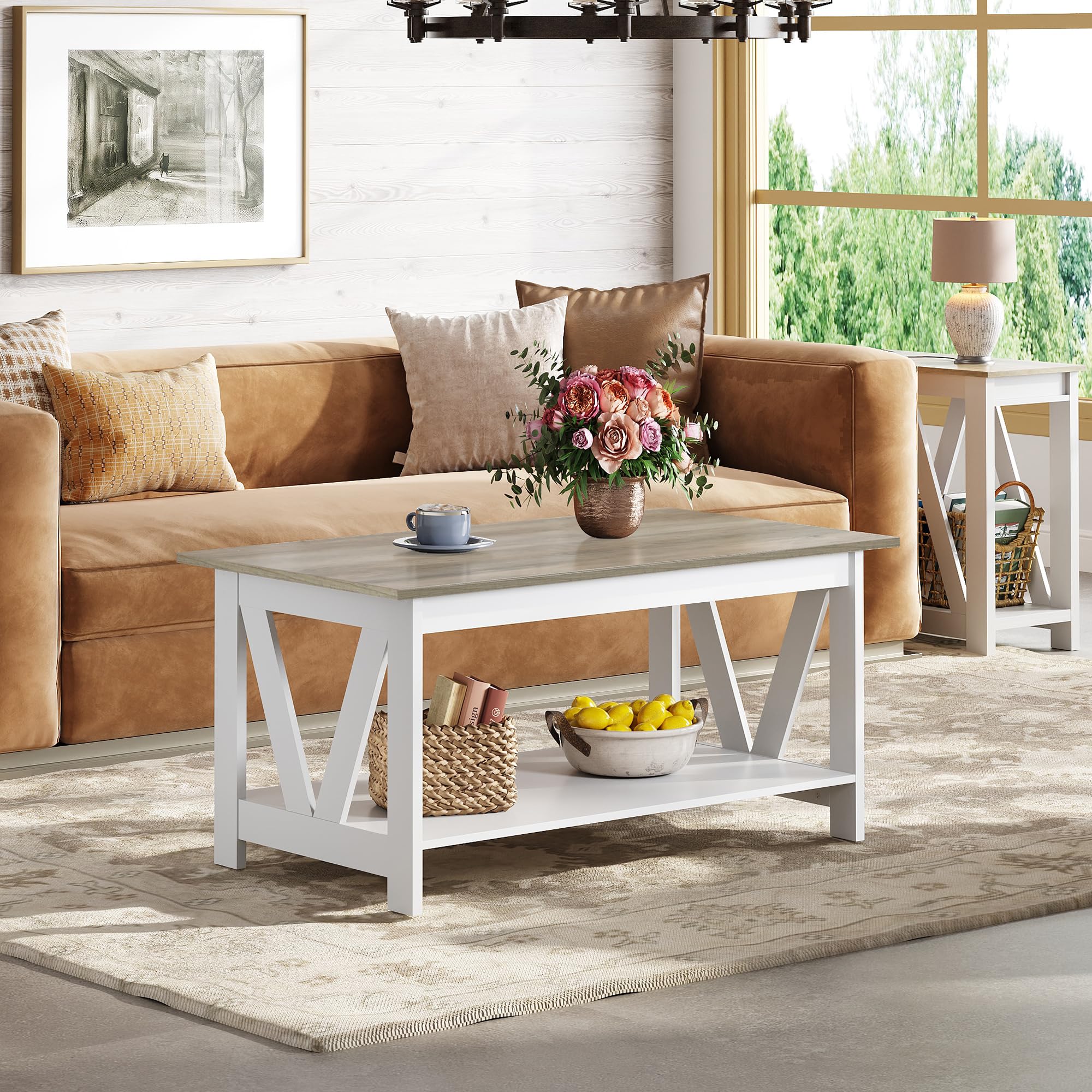 Coffee Table with Storage Shelf, 39.4" Farmhouse Coffee Table,living room