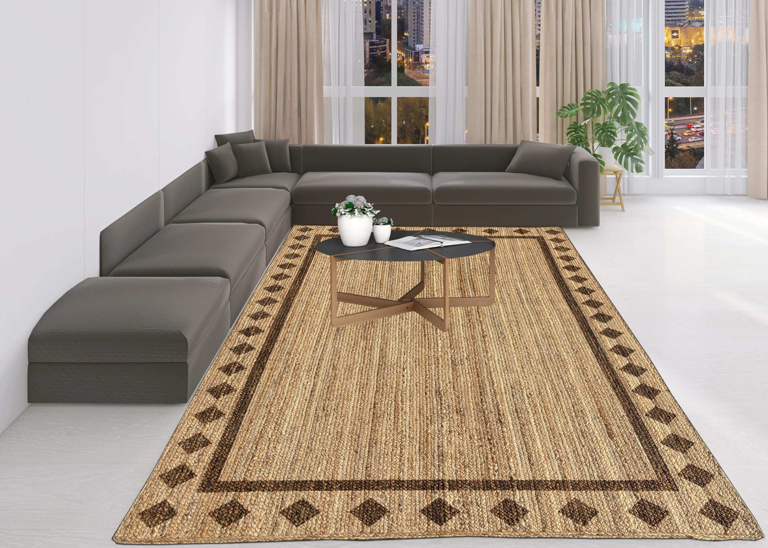 Handwoven Jute Area Rug, Diamond Design, Multiple Sizes, Natural