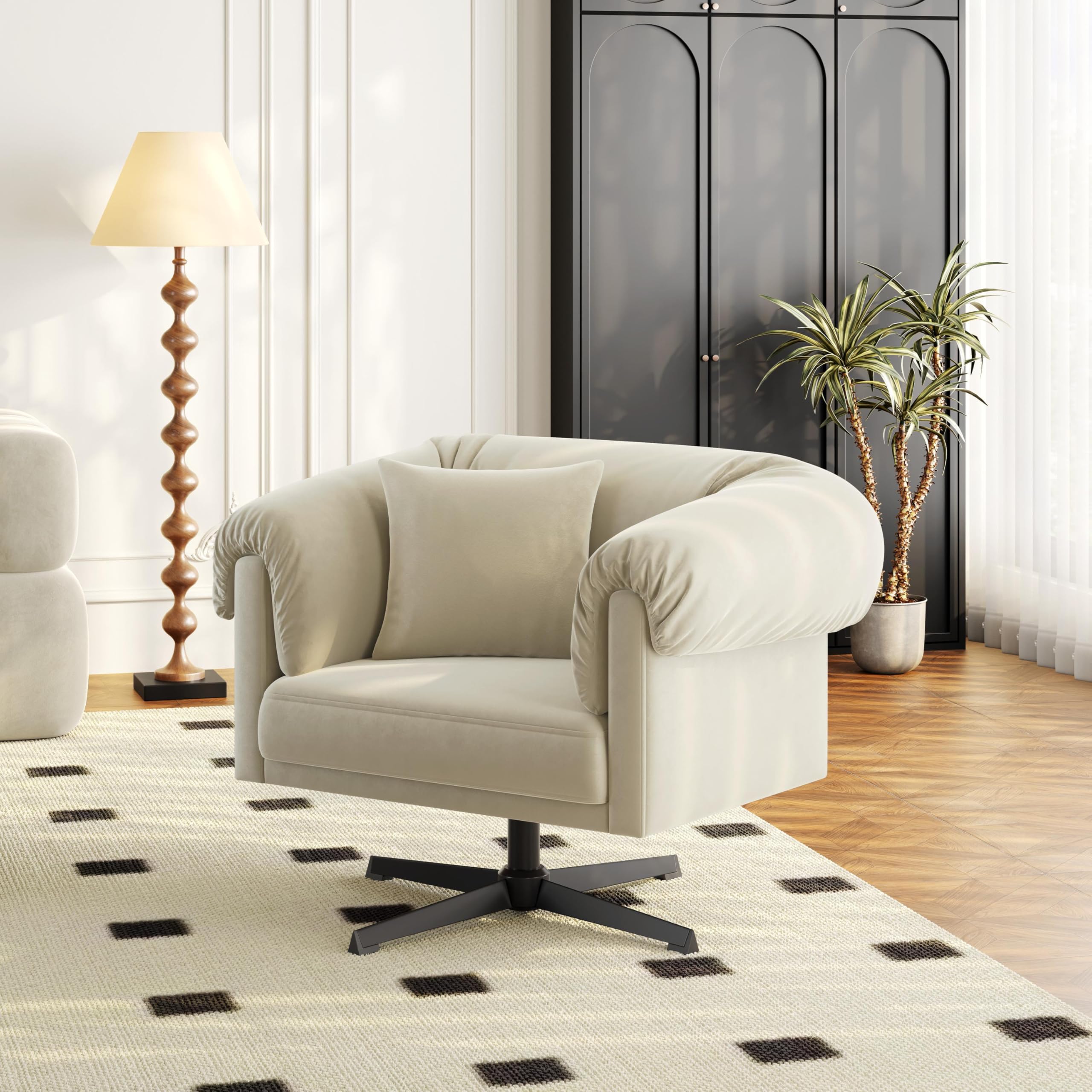 Swivel Velvet Armchair with Pillow, Modern Upholstered Accent Chair for Living Room