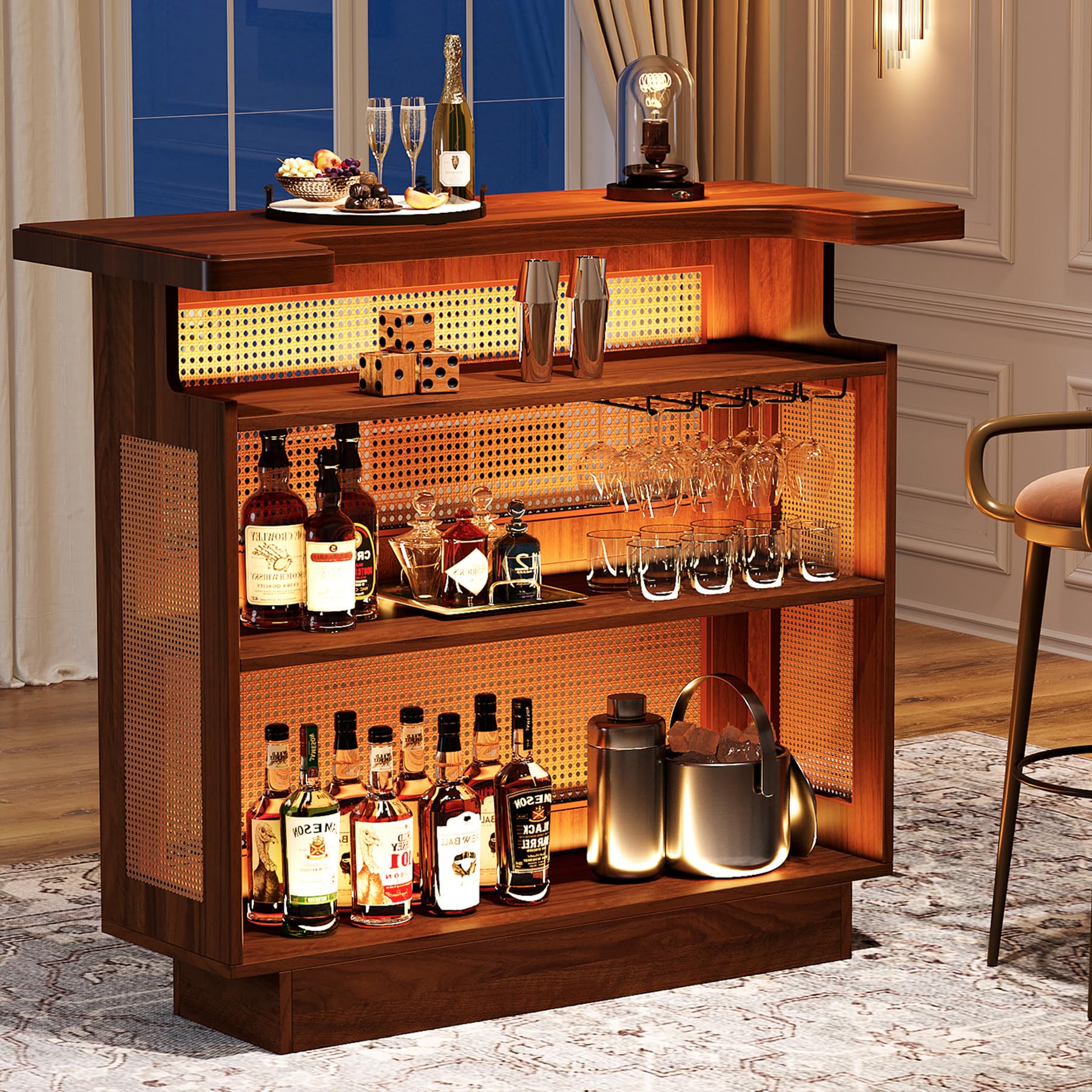 Rattan Home Bar Unit, Farmhouse 4-Tier Bar Table with 4 Stemware Racks