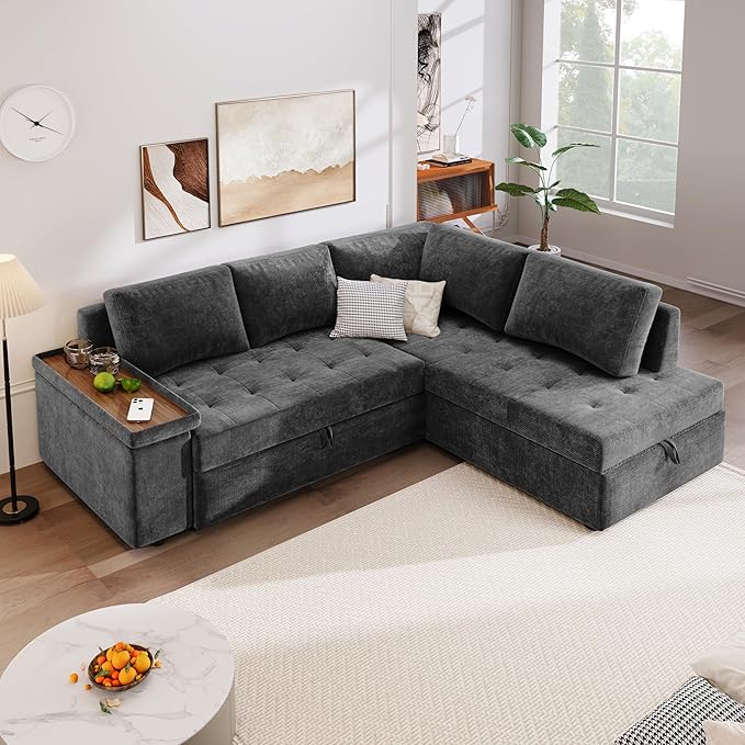 Sleeper Sectional Sofa W/Pull Out Bed,L Shaped Sofa Bed W/Storage Chaise