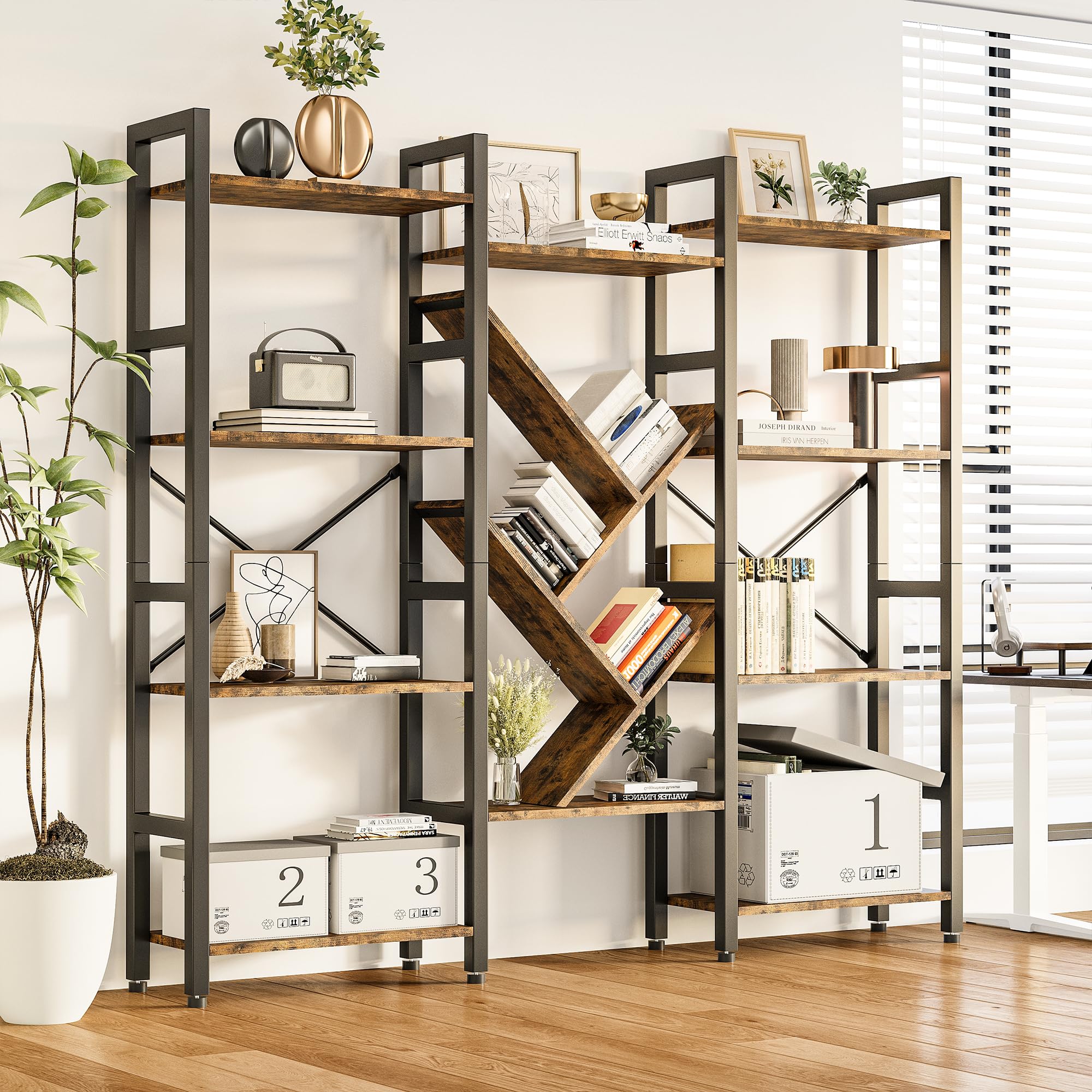 Triple 4 Tier Book Shelf, Large Wooden Bookcase with 14 Open Display Shelf