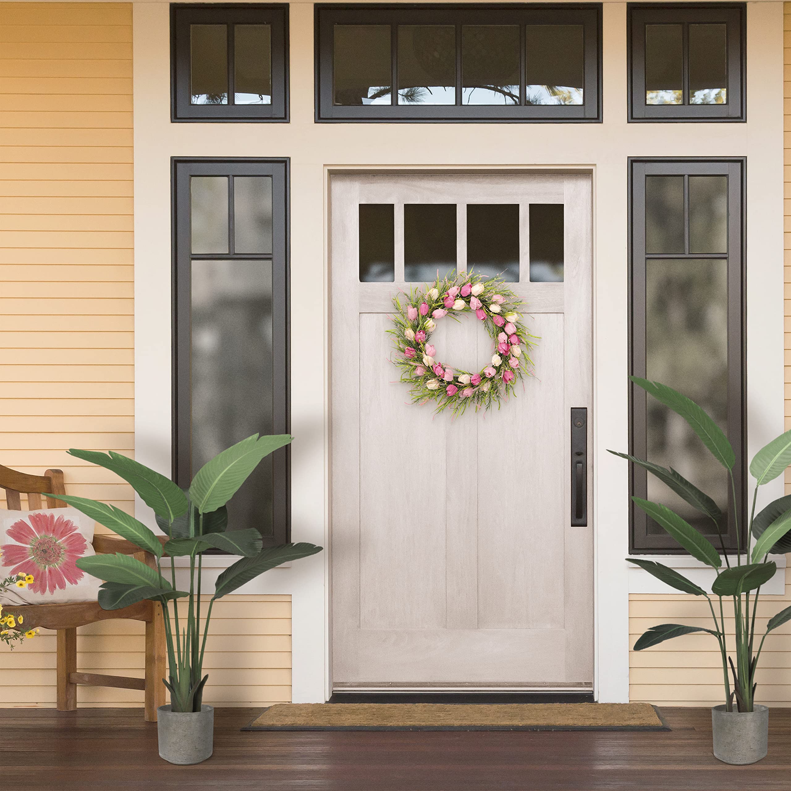 30" Artificial Tulip Floral Spring Door Wreath, Green/Pink