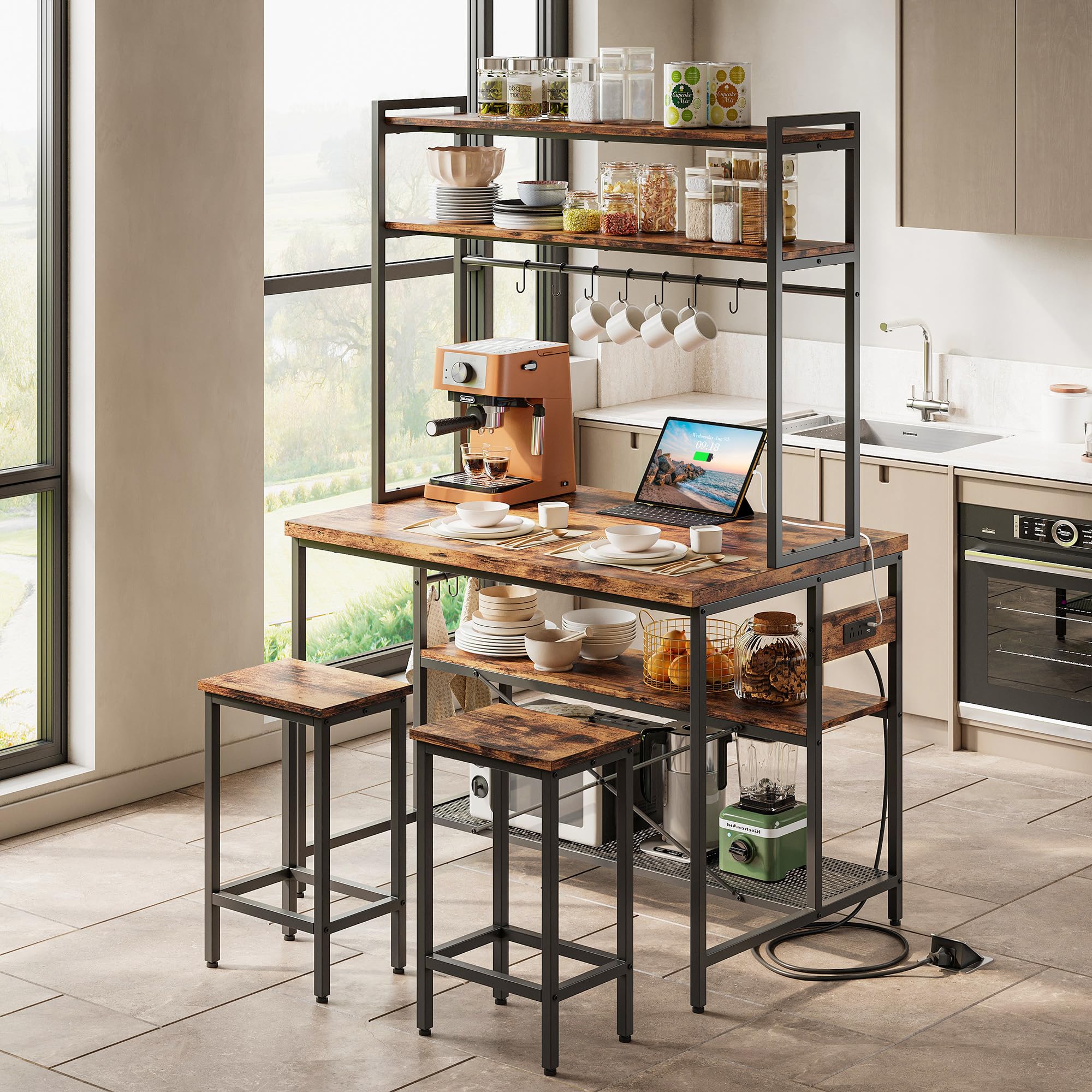 Kitchen Island with Stools, Dining Table Set with Storage and Power Outlet