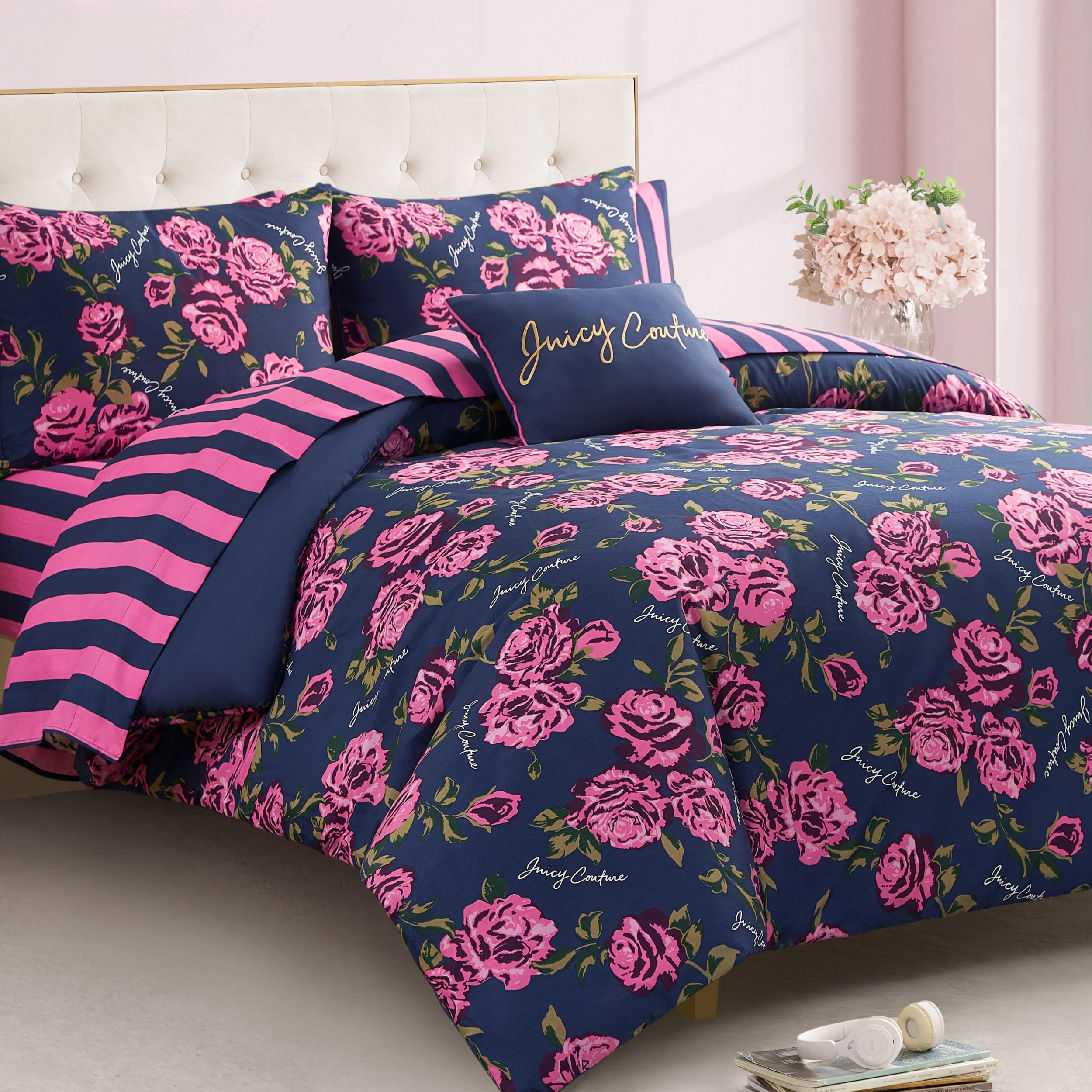 Rose Logo Twin Comforter Set, Navy/Pink – 6-Piece Complete Bed in a Bag