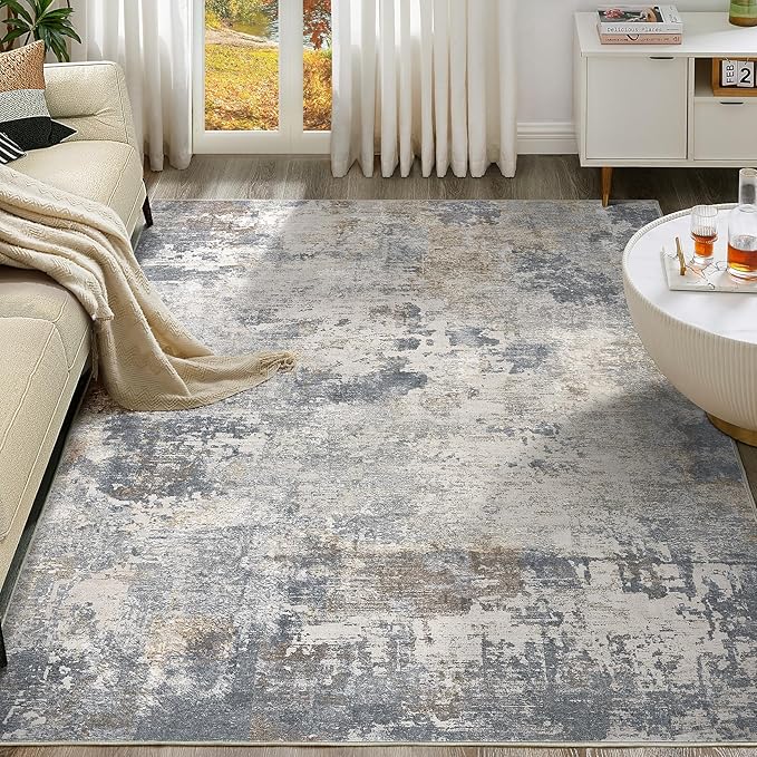 9x12 Area Rug Living Room Rugs - Washable Neutral Modern Abstract Soft Thin Large Rug