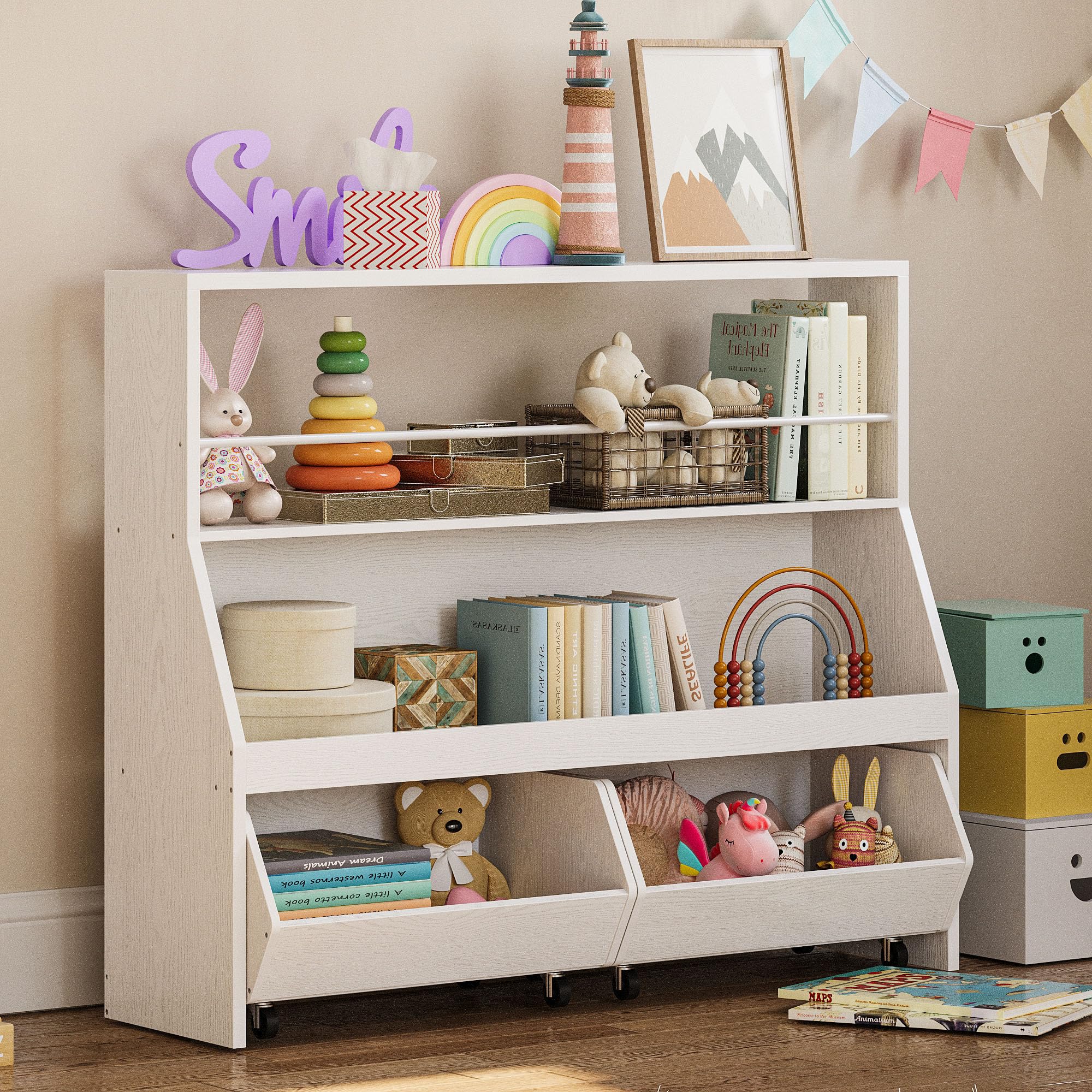 Toy Storage Organizer, Kids Bookshelf with 2 Movable Cubby Drawers