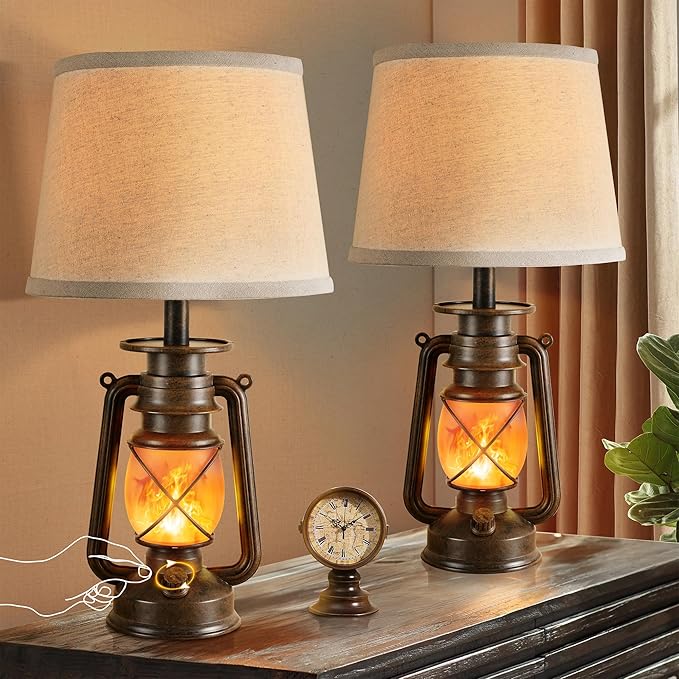 LED Lantern Flickering Flame Table Lamps for Bedrooms Set of 2, Small Farmhouse