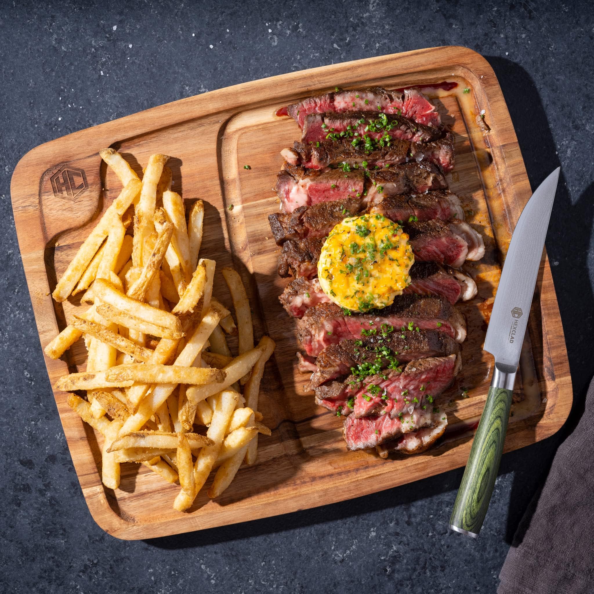 4-Piece Bistecca Wooden Steak Plate Set with Juice Channel for Meats