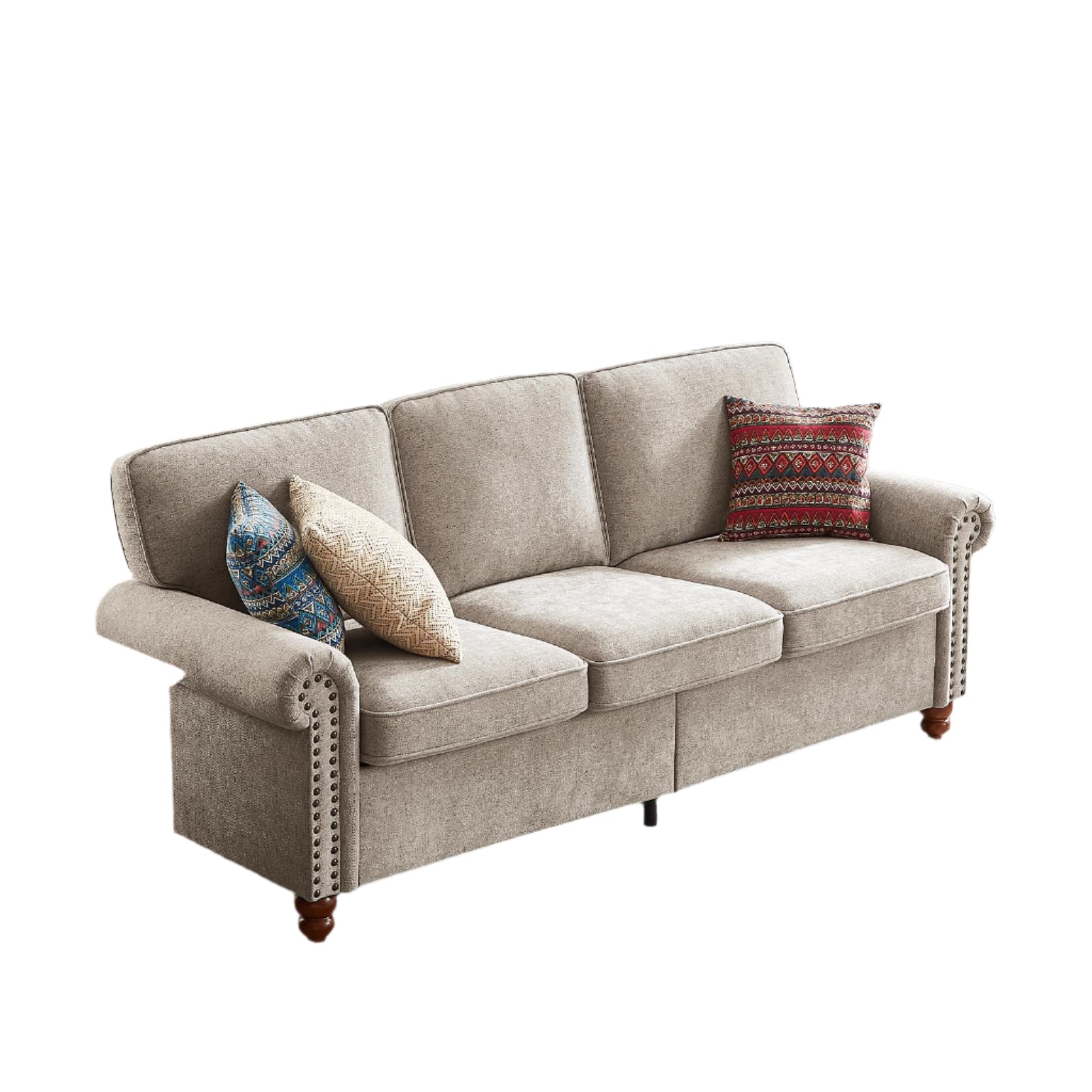 Rolled Arm with Nailhead Sofas, Chenille Fabric, Upholstered 3 Cushions