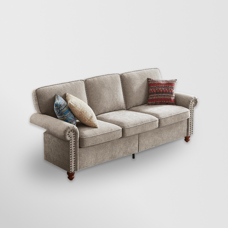 Rolled Arm with Nailhead Sofas, Chenille Fabric, Upholstered 3 Cushions