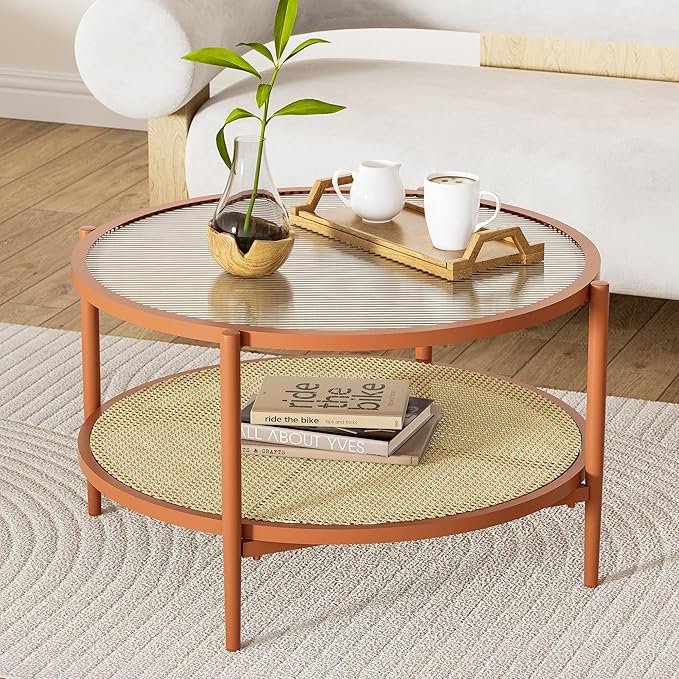 Round Black Glass Coffee Table, 2-Tier Modern Sleek Table for Living Room