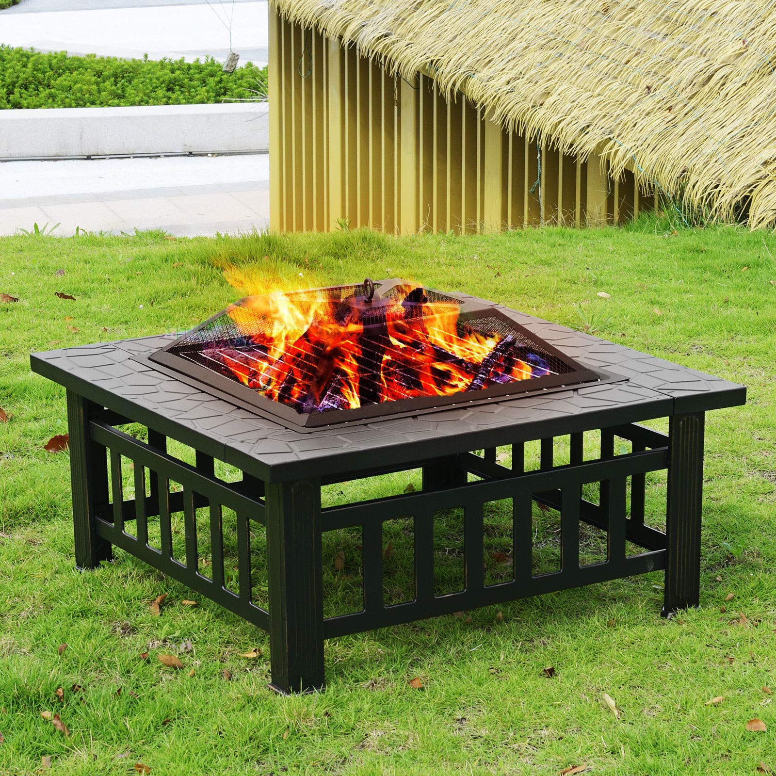 32'' Outdoor Fire Pit Metal Square Firepit Patio Stove Wood Burning for Backyard Garden