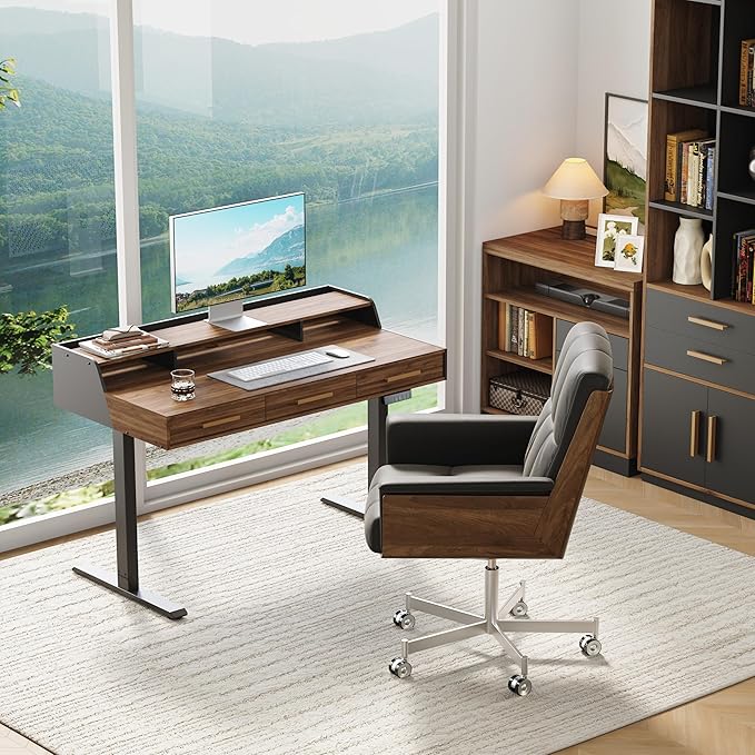 Standing Desk with 3 Drawers, 48 x 26 Inches Height Adjustable Desk with Monitor Shelf