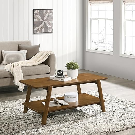 Metz Mid-Century Modern Wood Shelf Coffee Table, Off-White Finish