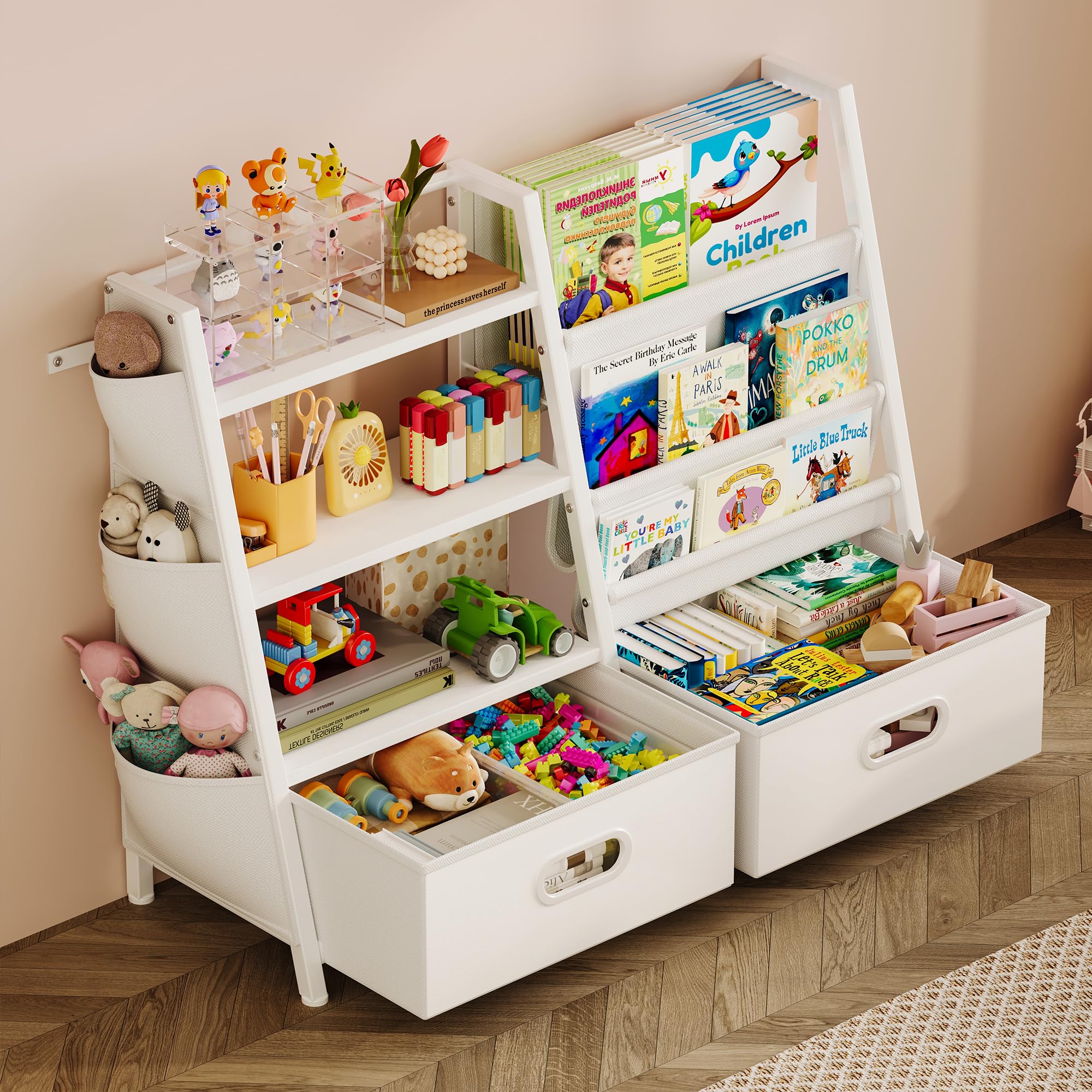 Kids Bookshelf and Toy Storage Organizer, 3 Tier Kids Bookcase, Sling Bookshelf and 2 Toy