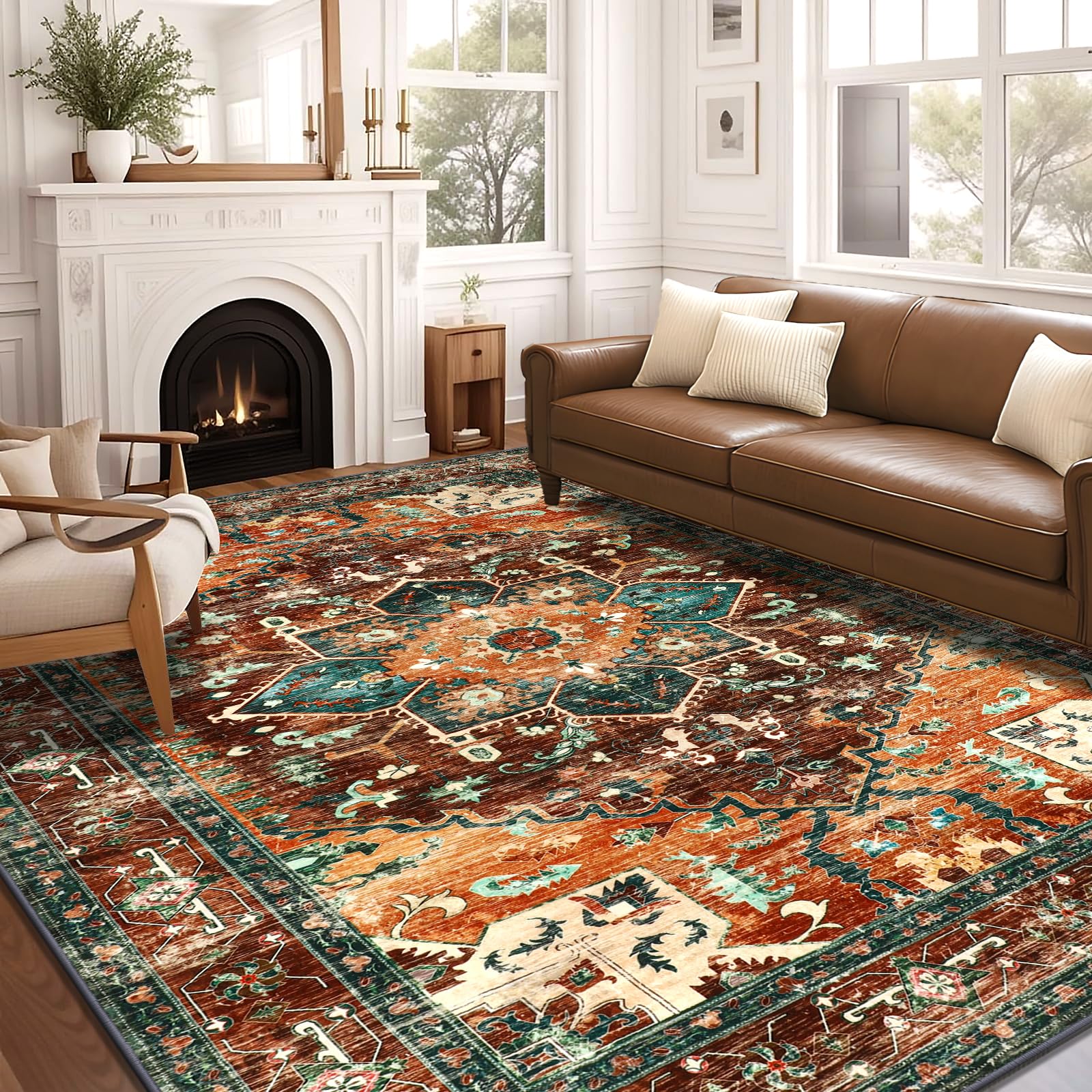 8x10 Large Area Rug, Non-Slip Washable Boho Vintage Living Room Bedroom Rug