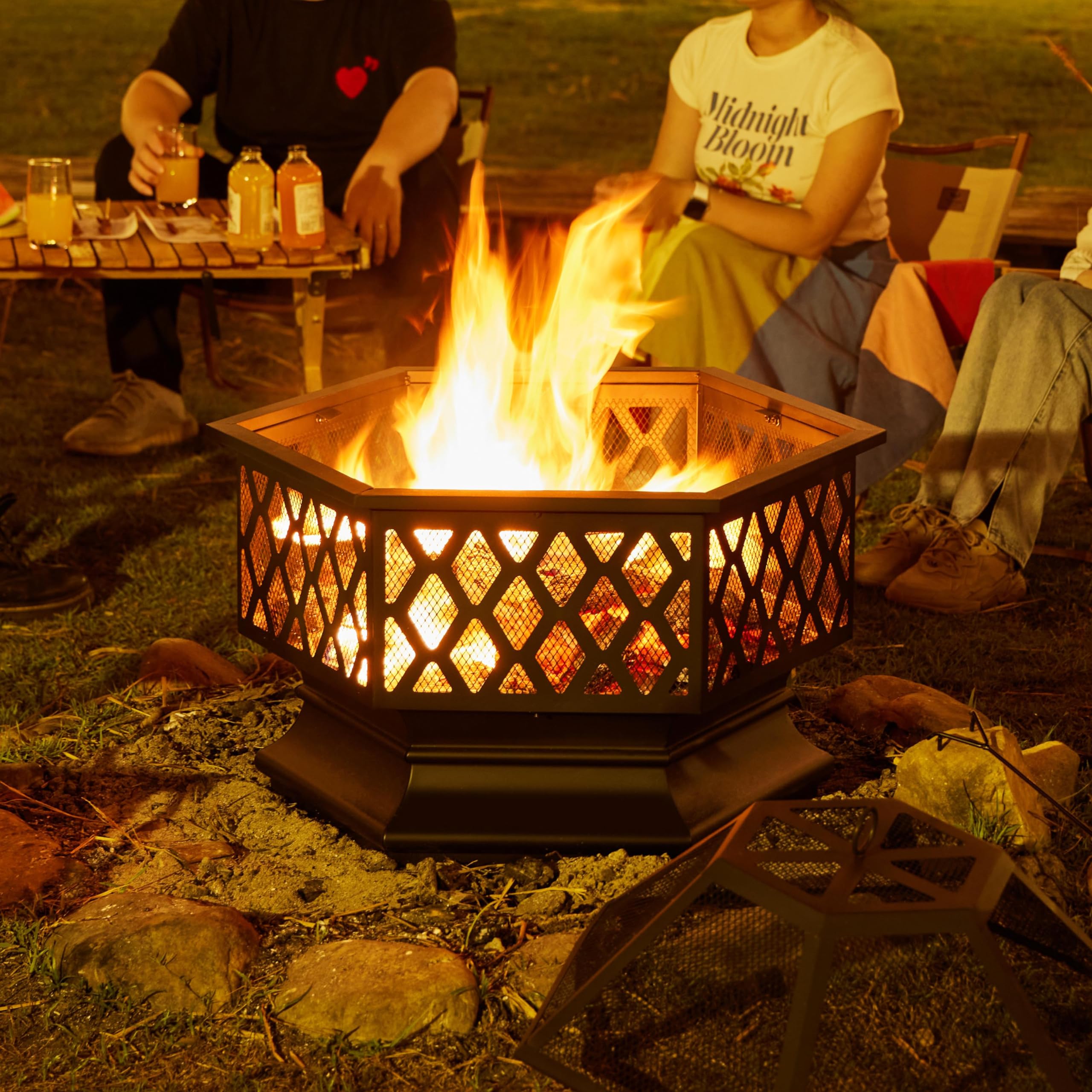 Portable Fire Pit Outdoor Firepit with Mesh Sides Cover Poker Steel Heater