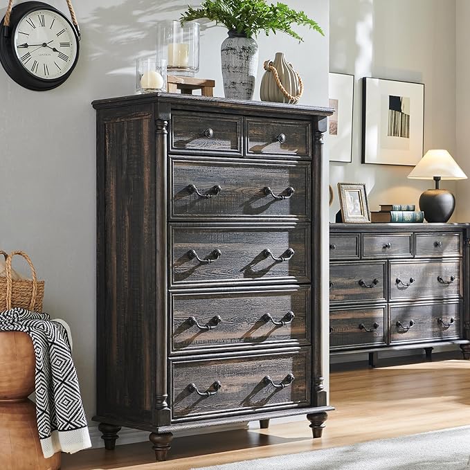 Farmhouse 7 Drawers Dresser Chests for Bedroom w/ 4 Column Solid Wood Feet