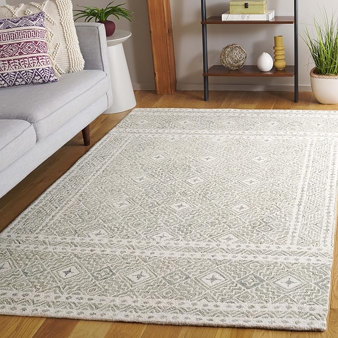 Micro-Loop Collection Area Rug - 5' x 8', Green & Ivory, Handmade Wool