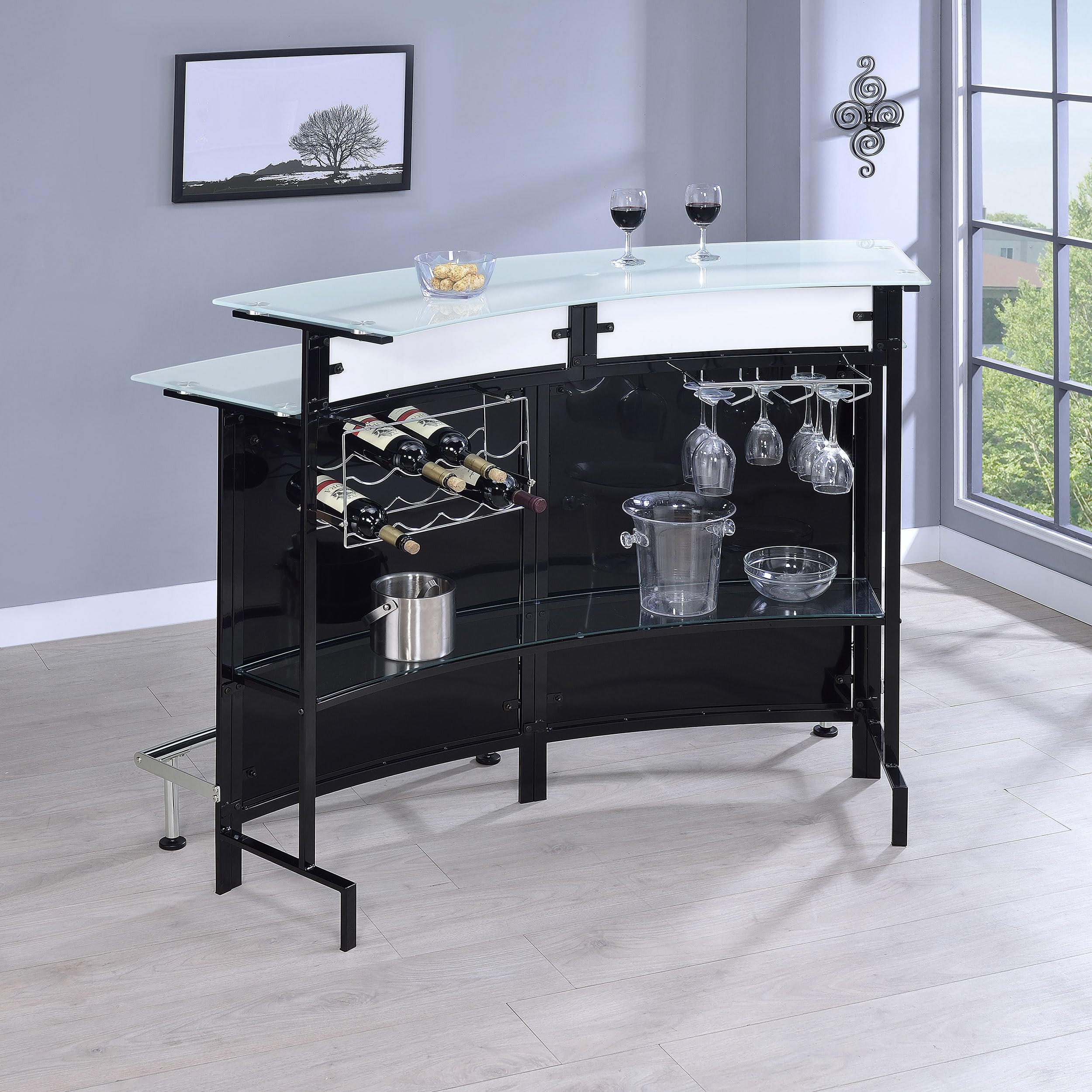 Coaster Home Furnishings - Keystone - Glass - Bar Cabinet with Bottle Wine Rack, Stemware Rack and Chrome Footrest - Dining Room & Home Bar - Black - 100139