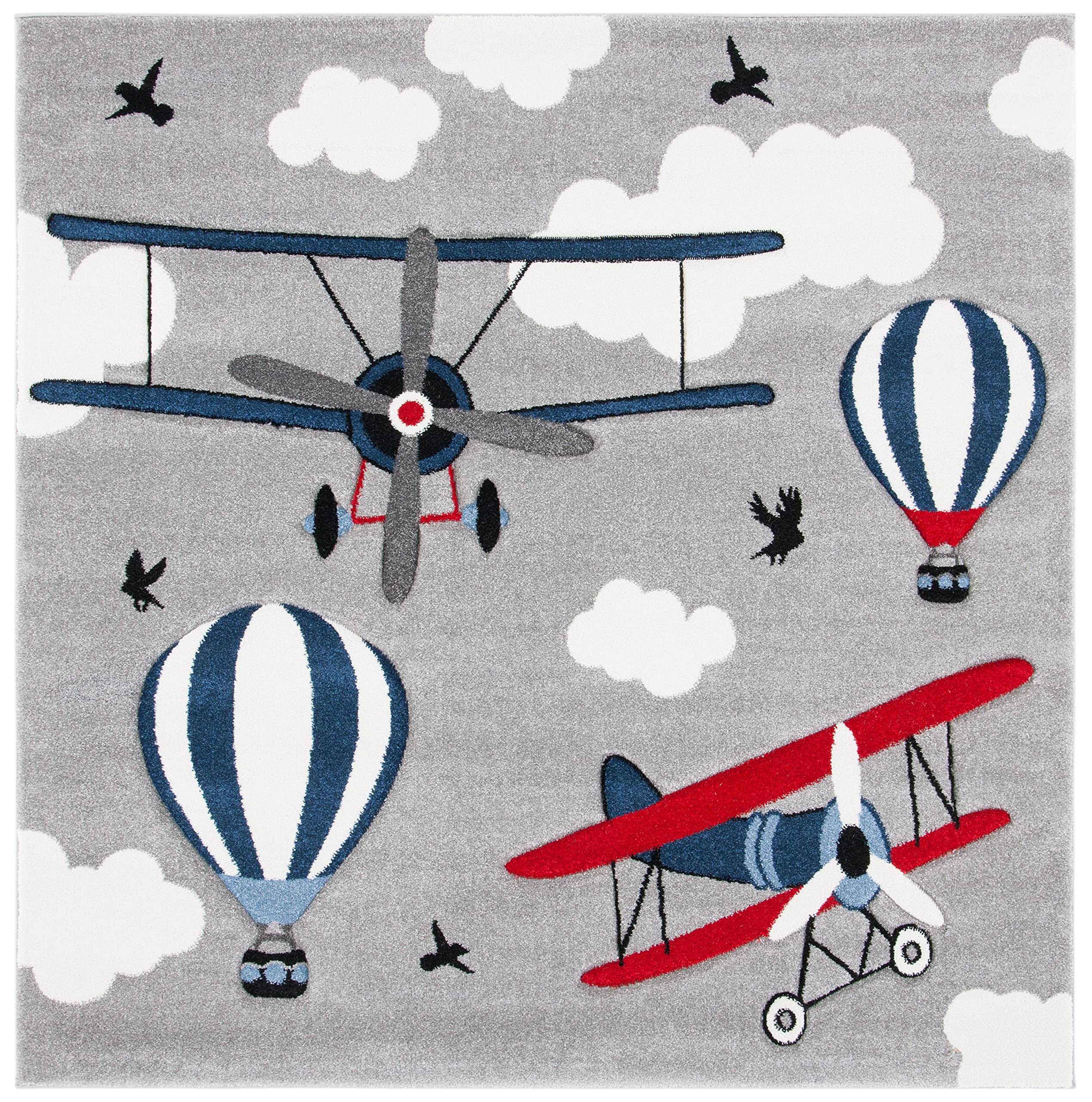 Carousel Kids Collection 5'3" Square Light Grey/Red CRK137F Airplane Hot Air Balloon