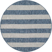Outdoor Striped Collection Area Rug - Distressed Stripe (5' 3" Round Blue/Ivory)