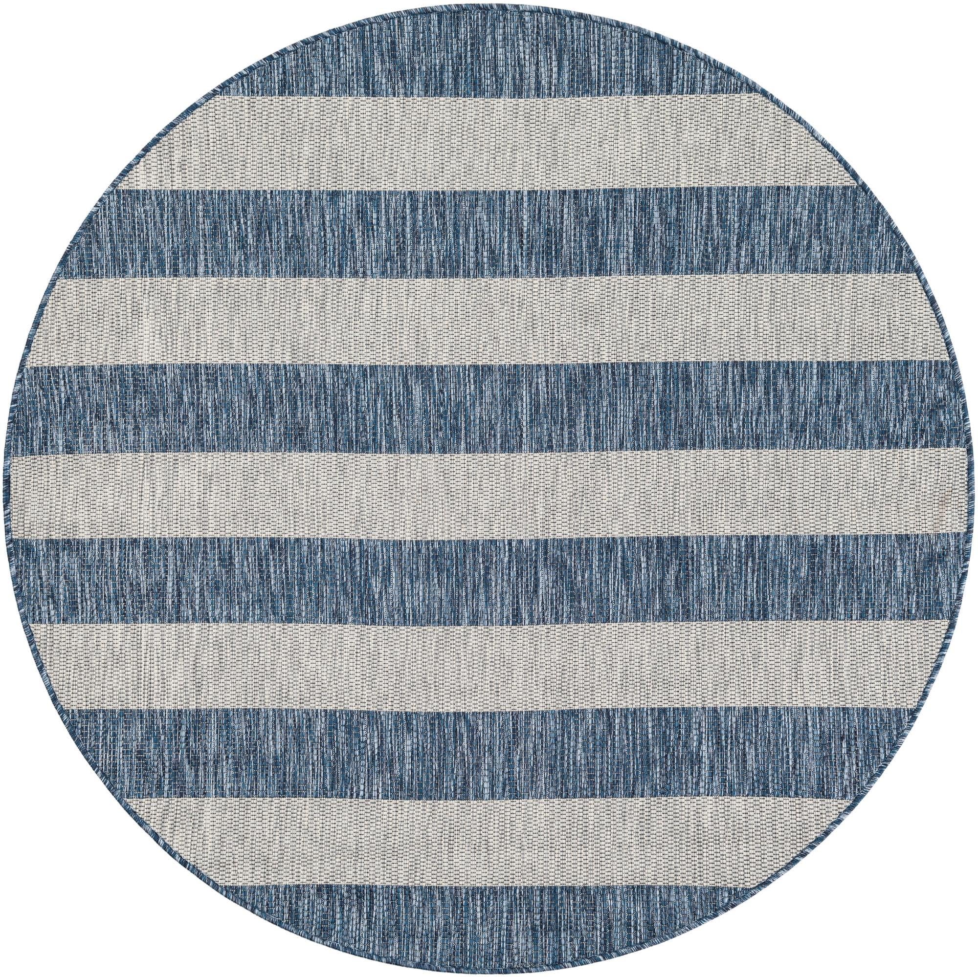 Outdoor Striped Collection Area Rug - Distressed Stripe (5' 3" Round Blue/Ivory)