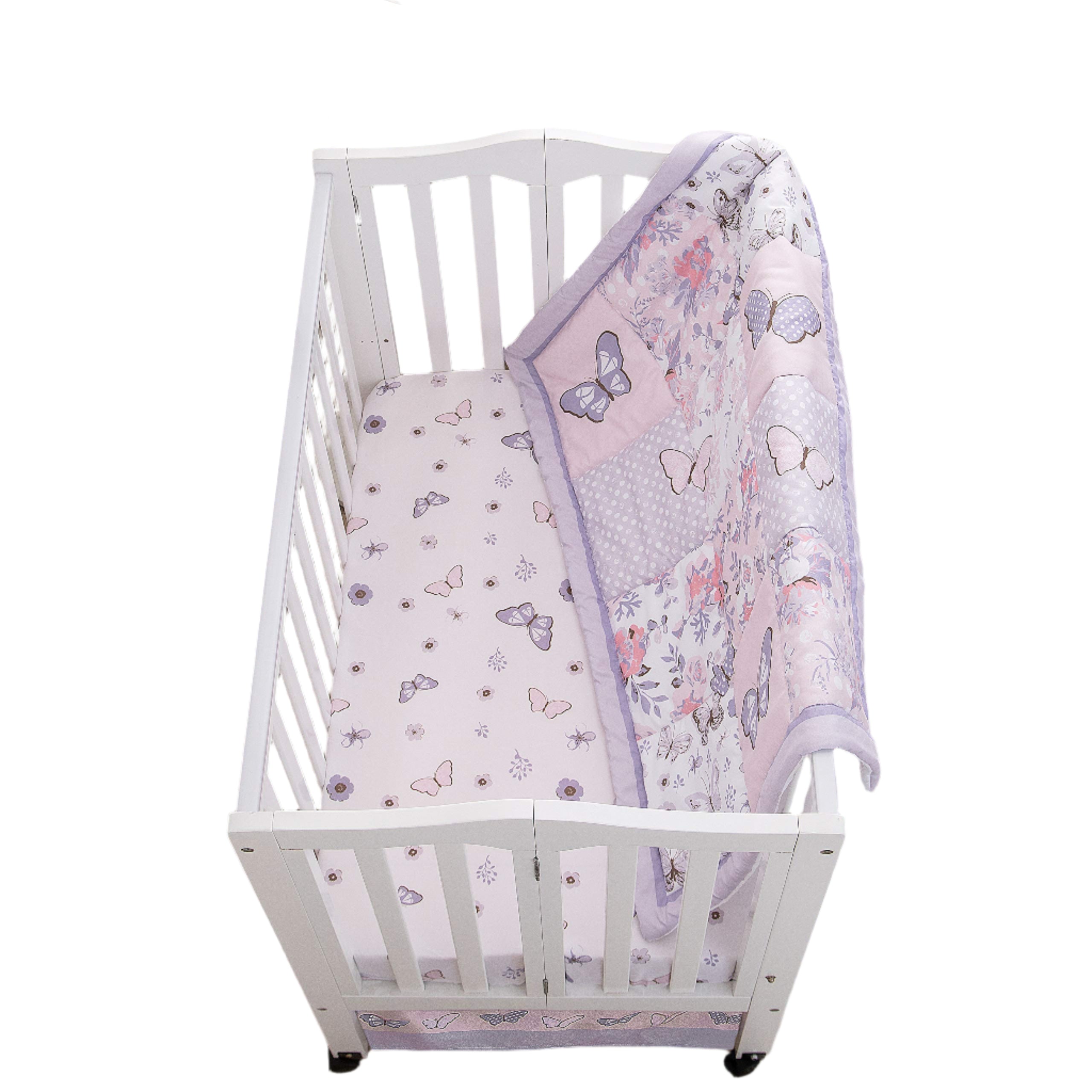 Baby Mini Crib Bedding Set for Girls, Pastel Purple Butterfly, 3 Piece Crib Set