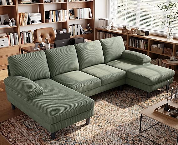 Sectional Couch, 111'' W Corduroy U Shaped Sofa