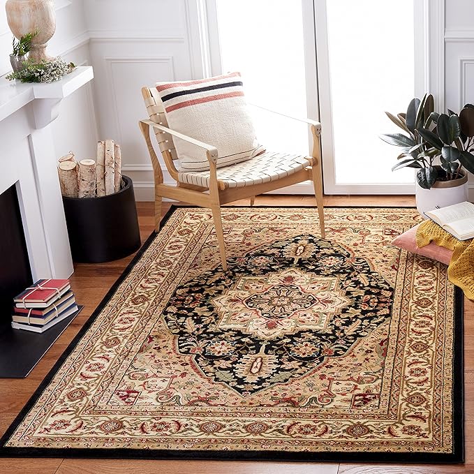 Lyndhurst Collection Area Rug - 6' x 9', Beige & Black, Traditional Oriental Design