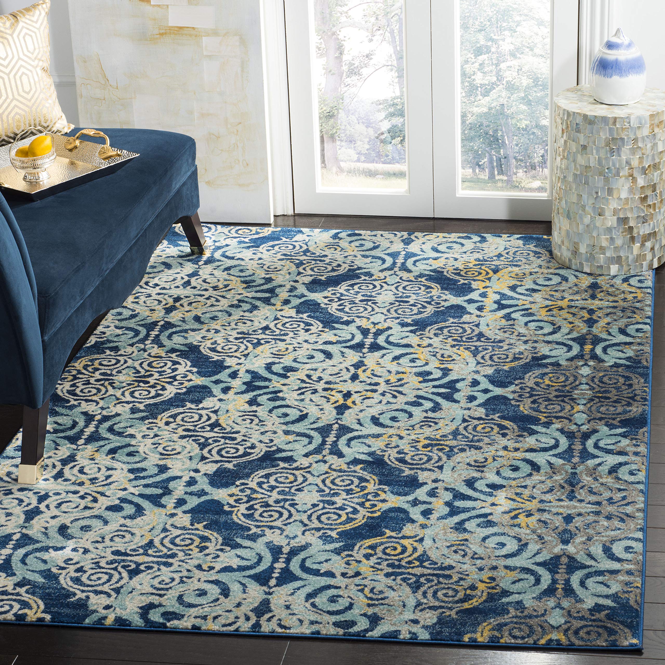 Evoke Collection 8' x 10' Royal / Light Blue EVK230A Medallion Damask Non-Shedding