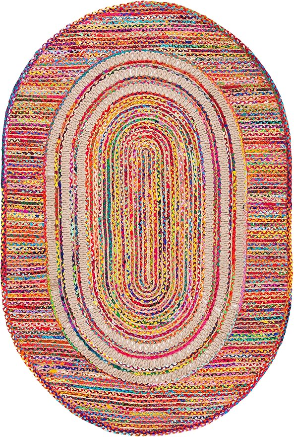 Braided Collection 4' x 6' Oval Pink / Red BRD263U Handmade Boho Reversible