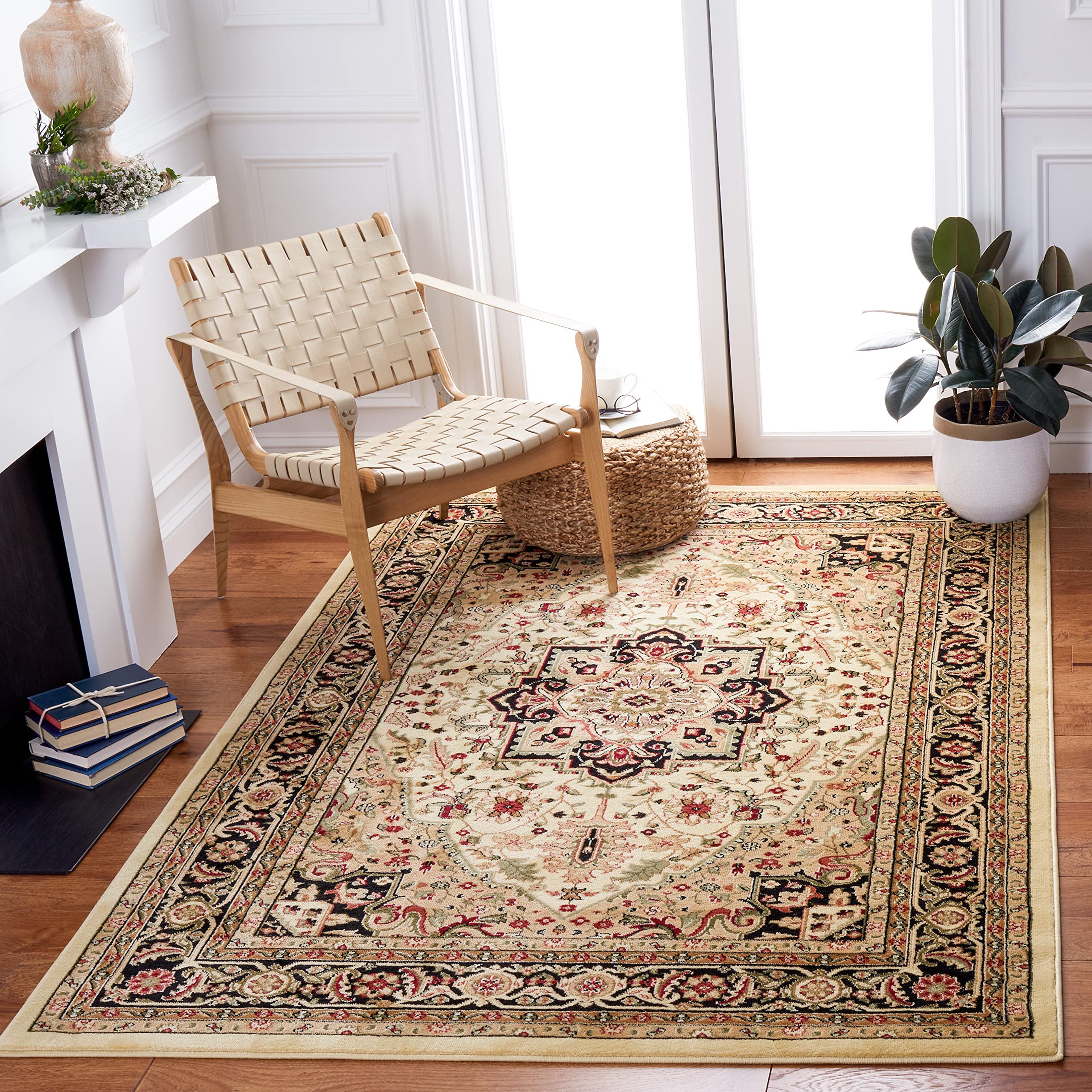 Lyndhurst Collection Area Rug - 6' x 9', Beige & Black, Traditional Oriental Design