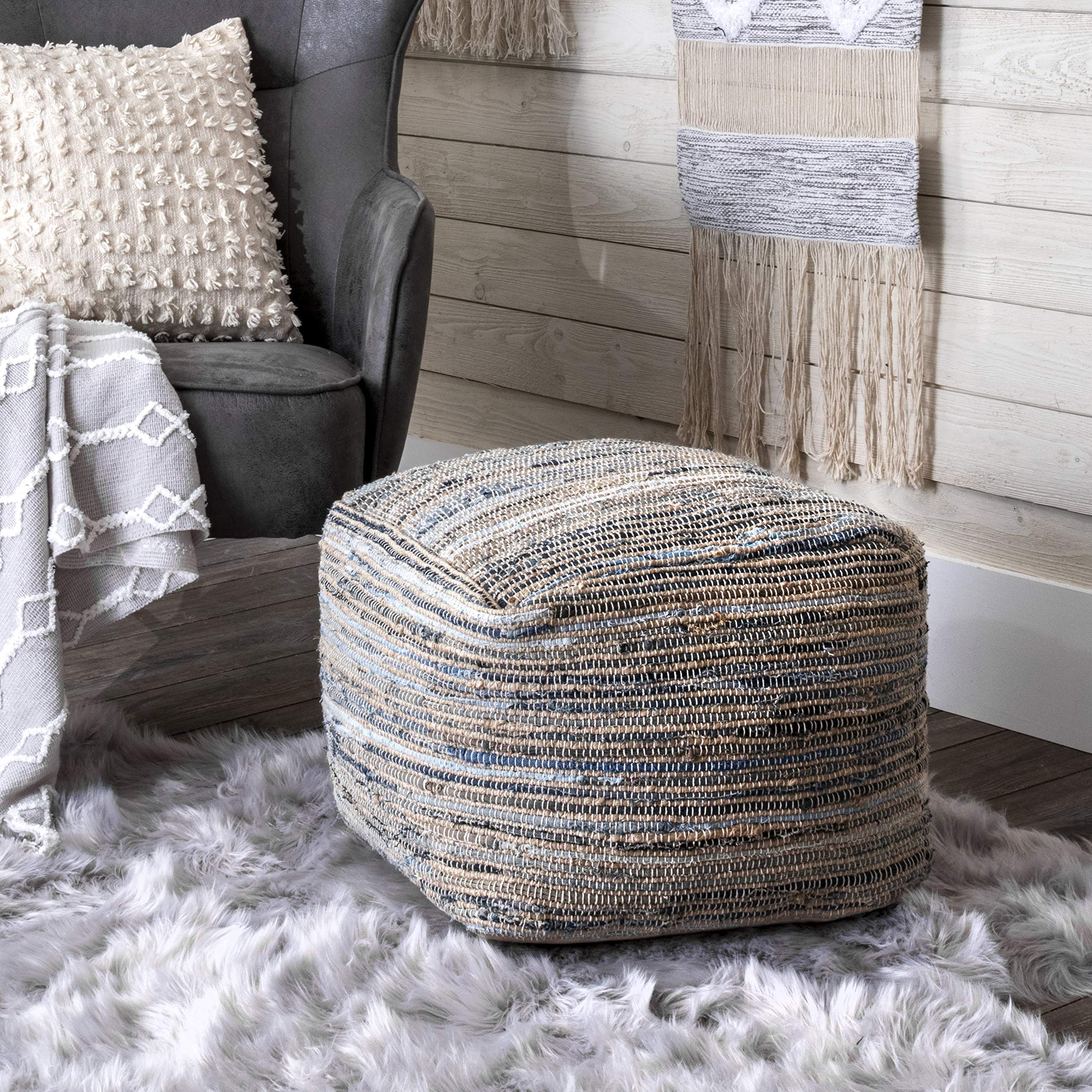Granada Knitted Casual Denim and Jute Ottoman Pouf