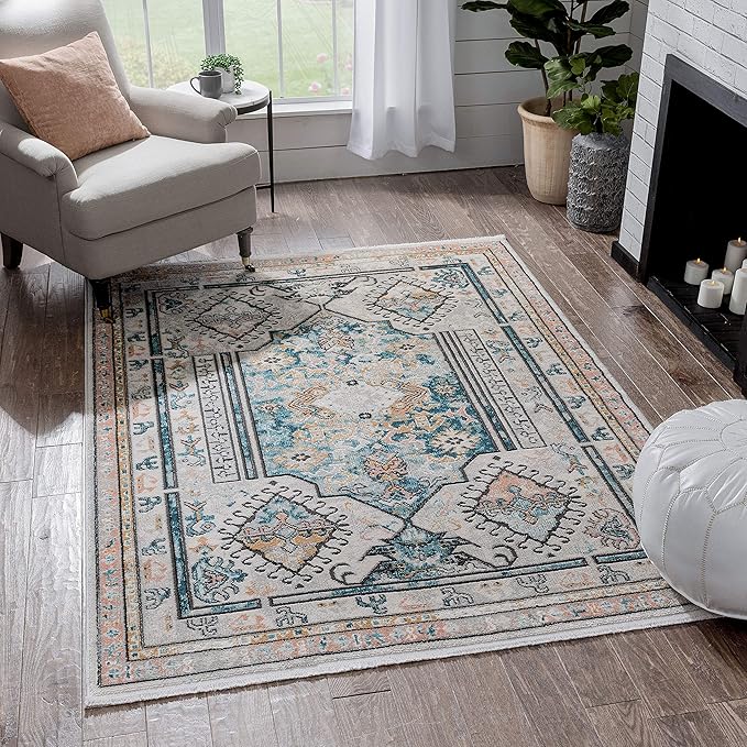Valerian Multi Blue & Ivory Vintage Oriental Distressed Medallion