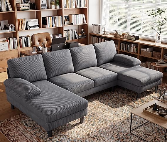 Sectional Couch, 111'' W Corduroy U Shaped Sofa